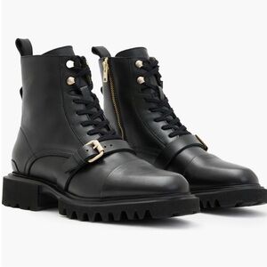 All Saints Tori Black Leather Biker Moto Combat Lace up Boots Lug Sole US 10